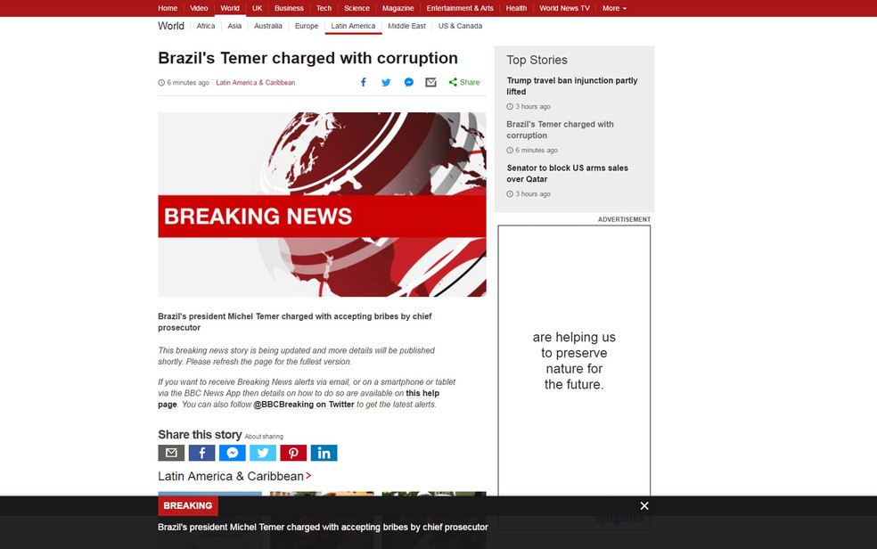 Site da BBC tem alerta de 'breaking news' sobre denúncia contra Michel Temer (Foto: Reprodução/BBC)