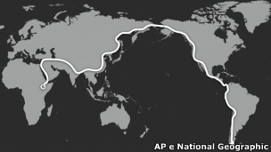 O mapa da jornada de Salopek, que quer refazer os passos de nossos antepassados na colonização do mundo (Foto: AP/BBC)