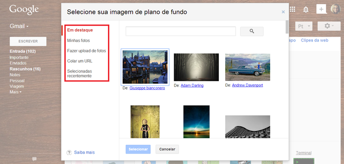 Seleção de temas para o plano de fundo do Gmail (Foto: Reprodução/ Marcela Vaz)