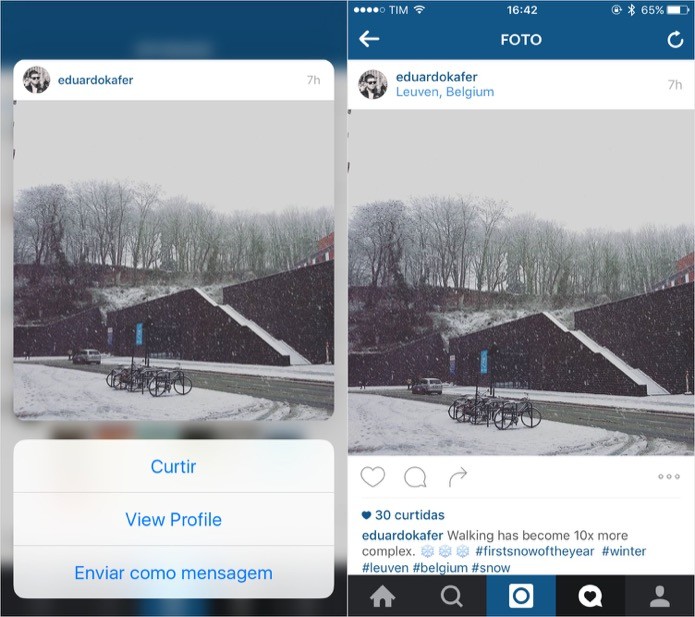 Deslize para cima para exibir as opções ou pressione com mais força para abrir a foto (Foto: Reprodução/Helito Bijora)