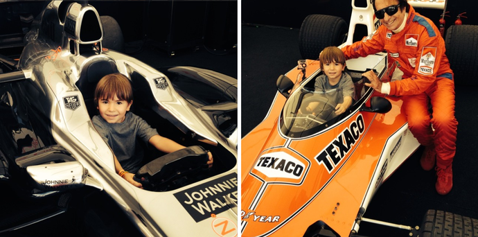 Emerson Fittipaldi coloca filho Emmo para posar para fotos no McLaren M23 e no MP4-28 (Foto: Reprodução/Instagram)