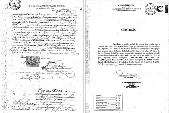 Reprodução do original da certidão de escritura da Vila Belmiro, recuperada pelo Colégio Notarial do Brasil, organização sem fins lucrativos que congrega os tabeliães do país (Foto: GloboEsporte.com)