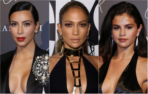 Kim Kardashian, Jennifer Lopez e Selena Gomez (Foto: AFP)