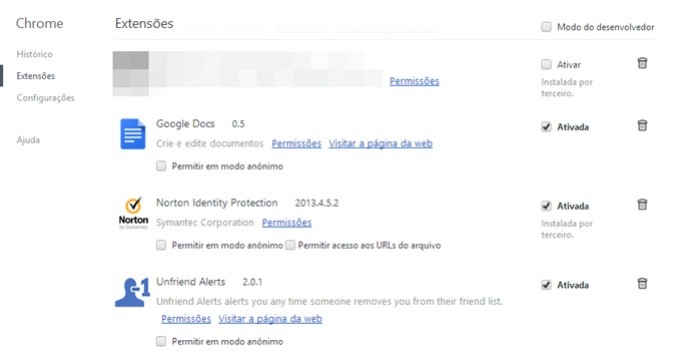 Lista com as extensões do Chrome (Foto: Reprodução/Carolina Ribeiro) (Foto: Lista com as extensões do Chrome (Foto: Reprodução/Carolina Ribeiro))