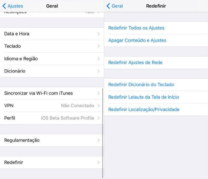 Redefina as configurações do iPhone (Foto: Reprodução/Helito Bijora)