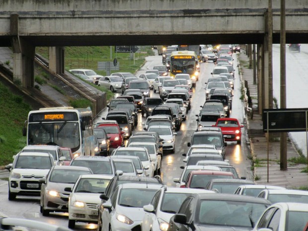 Trânsito congestionado no acesso à Ponte JK, em Brasília, após atropelamento de capivara (Foto: Alexandre Bastos/G1)