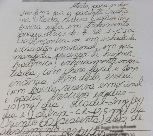 Relatório do psiquiátra diz que Cristiana faz tratamento contra depressão (Foto: Reprodução) Relatório do psiquiátra diz que Cristiana faz tratamento contra depressão (Foto: Reprodução)