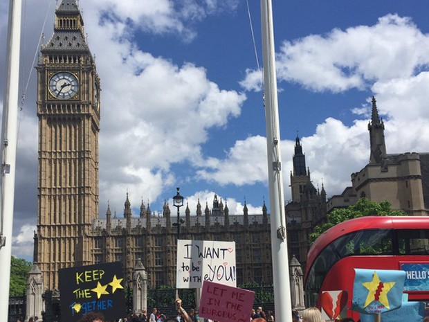 Foto compartilhada no Twitter mostra manifestantes diante do Parlamento (Foto: Reprodução/Twitter/Alex Rawlings)
