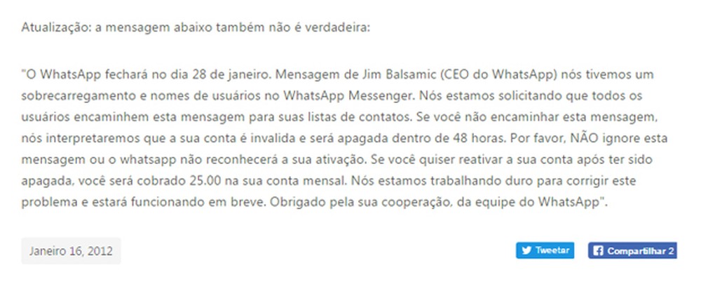 Mensagem falsa foi desmentida em 2012 pelo WhatsApp (Foto: Reprodução/ WhatsApp)