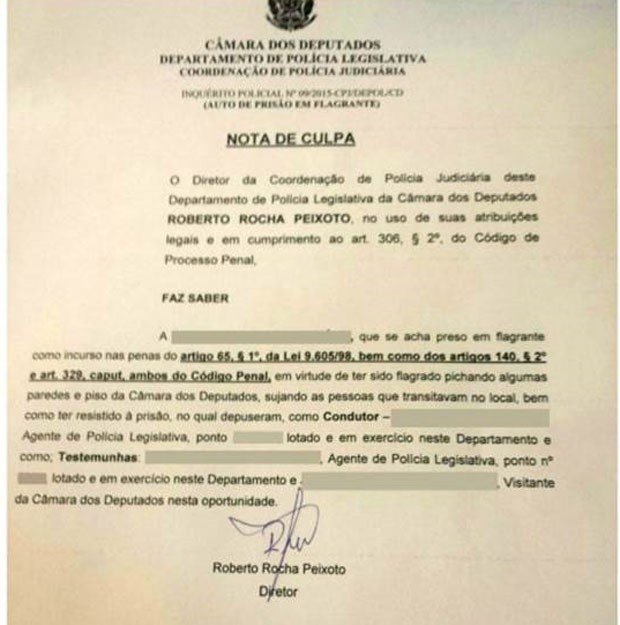 Texto assinado diz que jovem foi "flagrado pichando algumas paredes e piso da Câmara dos Deputados, sujando as pessoas que transitavam no local, bem como ter resistido à prisão". (Foto: BBC) Texto assinado diz que jovem foi "flagrado pichando algumas paredes e piso da Câmara dos Deputados, sujando as pessoas que transitavam no local, bem como ter resistido à prisão". (Foto: BBC)