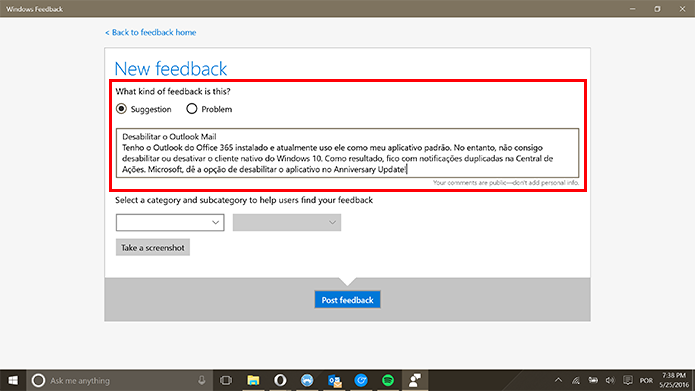 Windows Feedback tem título de reclamação e descrição no mesmo campo (Foto: Reprodução/Elson de Souza)