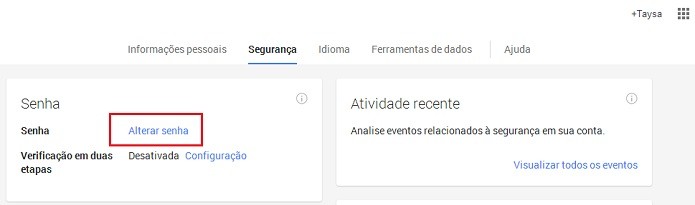 Clique em Alterar Senha (Reprodução/Taysa Coelho)