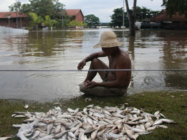 Pescador retira peixes do rio na praça da Estrada de Ferro Madeira Mamoré (Foto: Gaia Quiquiô/G1)