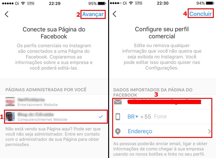 Conectando a conta Instagram a uma página do Facebook (Foto: Reprodução/Edivaldo Brito) Conectando a conta Instagram a uma página do Facebook (Foto: Reprodução/Edivaldo Brito)