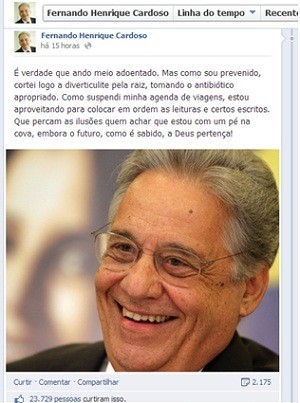 No facebook, ex-presidente Fernando Henrique Cardoso disse que está tratando diverticulite (Foto: Reprodução/Facebool) No facebook, ex-presidente Fernando Henrique Cardoso disse que está tratando diverticulite (Foto: Reprodução/Facebool)