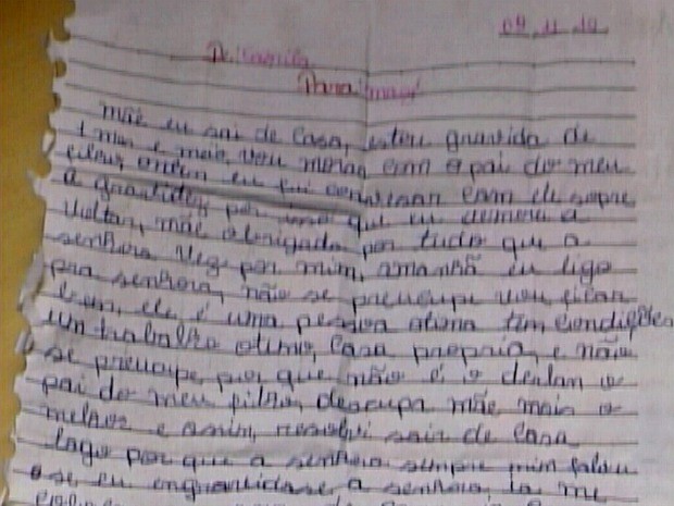 Na carta, garota de 16 se despede da família e diz que se apaixonou por homem que conheceu na internet (Foto: TV Diário/Reprodução)