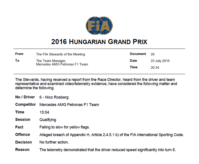 Comunicado da FIA sobre Nico Rosberg na Hungria (Foto: Divulgação) Comunicado da FIA sobre Nico Rosberg na Hungria (Foto: Divulgação)