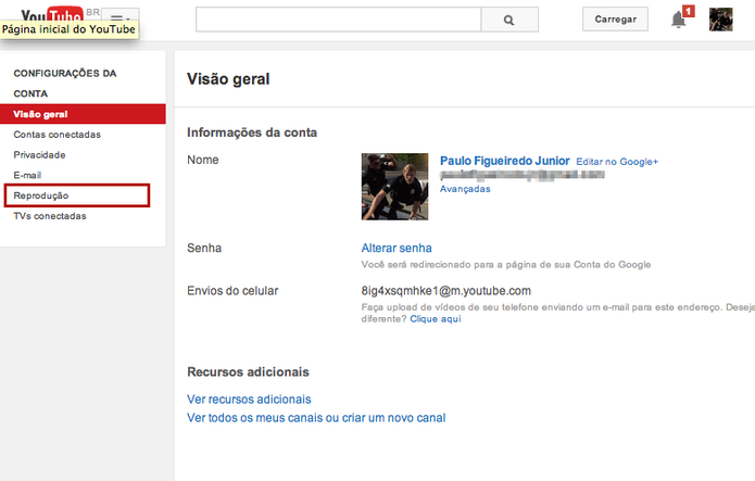 No menu lateral esquerdo, clique sobre Reprodução (Foto: Reprodução/Paulo Finotti)