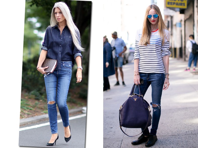 O jeans é um clássico do guarda-roupa e pode ser usado em todas as estações, mas provavelmente você aposentou a peça no verão. Uma tendência para a temporada é usar o look all jeans, como na foto. Se quiser conforto, use com um sapato baixo