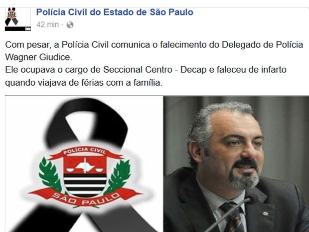 Polícia Civil de SP confirmou a morte de Wagner Giudice no Facebook (Foto: Reprodução/Facebook/Yara KassandWagner Giudice)
