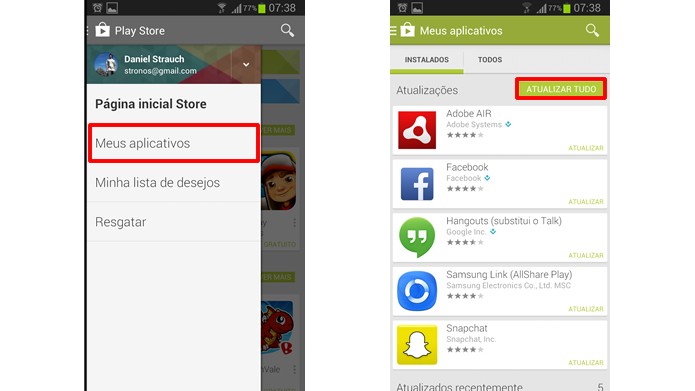 Atualize os aplicativos baixados pelo Play Store (Foto: Reprodução/Daniel Ribeiro)