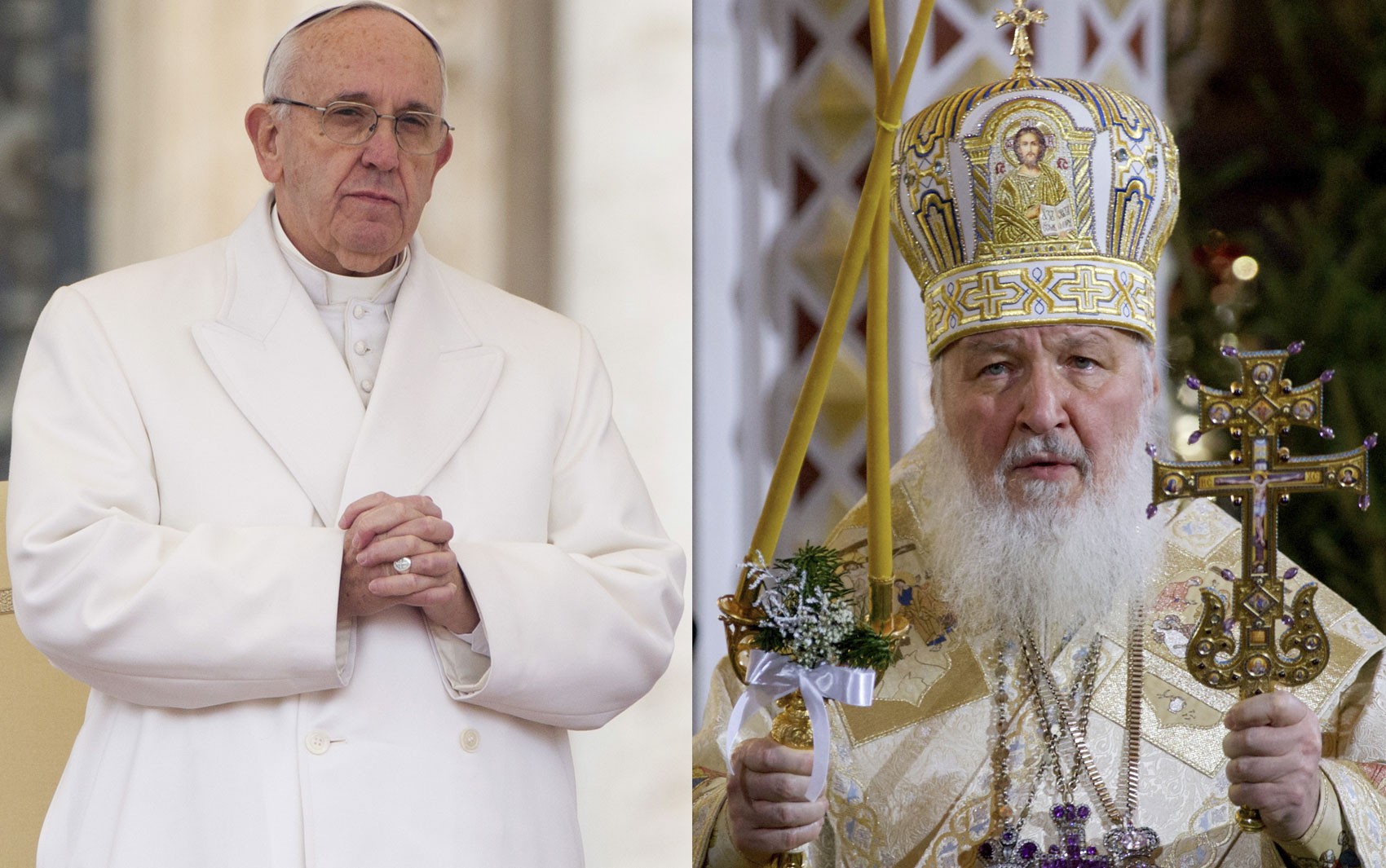 O Papa Francisco, em foto de 30 de janeiro, e o Patriarca da Igreja Ortodoxa Russa, Kirill, em foto de 7 de janeiro (Foto: AP Photo/Ivan Sekretarev/Andrew Medichini)
