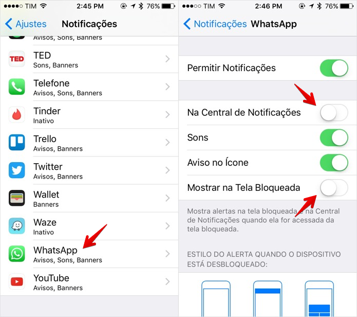 Desativando as notificações do WhatsApp (Foto: Reprodução/Helito Bijora) 