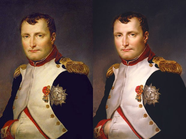 Retrato de Napoleão Bonaparte, pintado por Jacques-Louis David, antes e depois de limpeza (Foto: AFP Photo/Collins Fine Art/Richard Collins)