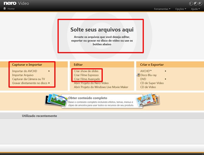 Selecione uma das opções em destaque para iniciar o estúdio de montagem de filmes do Nero Video (Foto: Reprodução/Daniel Ribeiro)