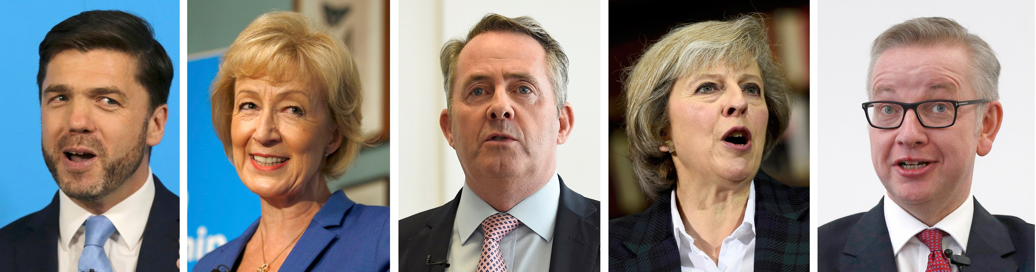 Stephen Crabb, Andrea Leadsom, Liam Fox, Theresa May e Michael Gove concorrem ao cargo de premiê britânico. Partido Conservador iniciou processo de escolha para sucessor do David Cameron nesta terça-feira (5) (Foto: Reuters) Stephen Crabb, Andrea Leadsom, Liam Fox, Theresa May e Michael Gove concorrem ao cargo de premiê britânico. Partido Conservador iniciou processo de escolha para sucessor do David Cameron nesta terça-feira (5) (Foto: Reuters)