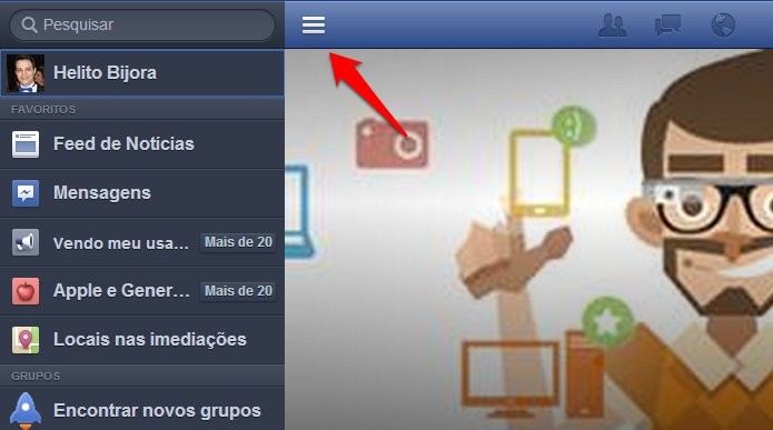 Acessando menu do Facebook (Foto: Reprodução/Helito Bijora) 