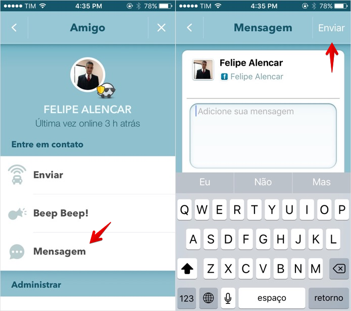 Enviando uma mensagem no Waze (Foto: Reprodução/Helito Bijora)