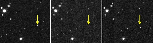  Imagens tiradas com duas horas de intervalo mostram movimento do objeto 2012 VP113, o que permitiu distingui-lo dos outros astros estáticos (Foto: Scott Sheppard/Canergie Institution for Science)