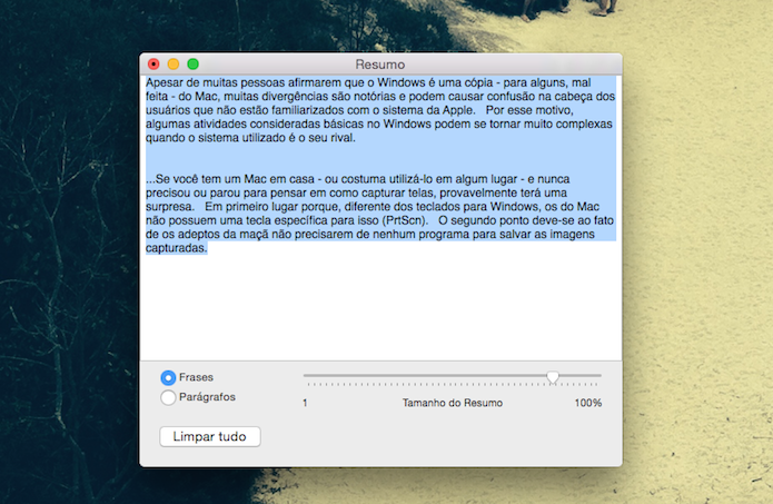 Ferramenta de resumo de texto do Mac OS X (Foto: Reprodução/Marvin Costa)
