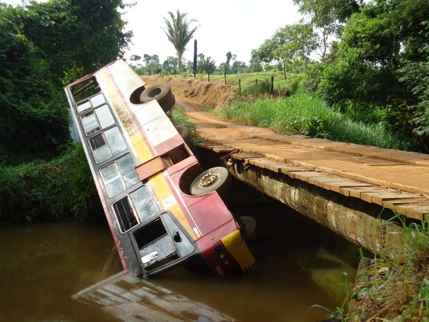 Ônibus com 25 alunos caiu em ponte na zona rural de Buritis (Foto: Seduc/Divulgação)