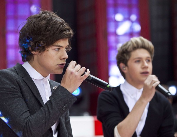 Harry Edward Styles e Niall Horan, do One Direction, durante show da banda em Nova York nesta terça (13) (Foto: Andrew Burton/Reuters)