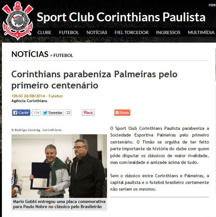 Em nota, Corinthians parabeniza Palmeiras pelo seu centenário
