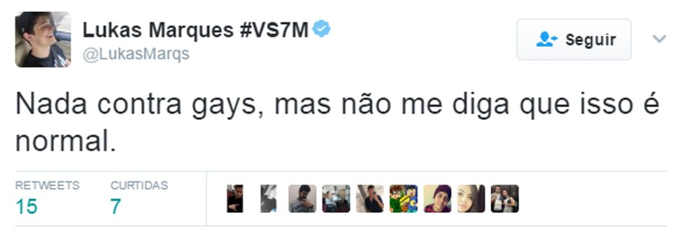 Postagem de Lukas Marques sobre gays (Foto: Reprodução/Twitter)