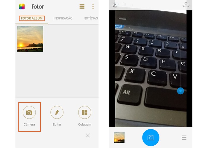 Fotor permite salvar fotos da galeria ou registrar uma nova (Foto: Reprodução/Barbara Mannara)