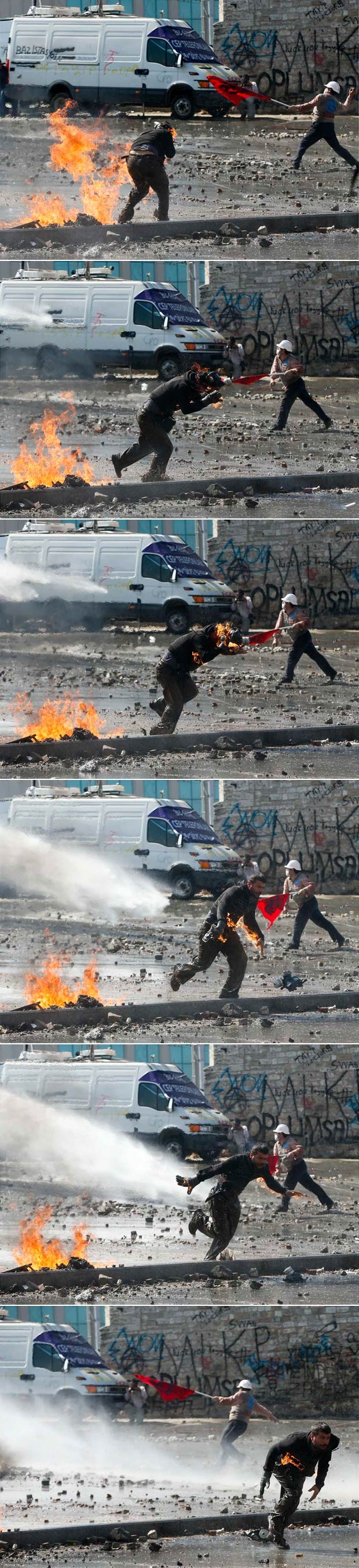 Sequência ampliada mostra o momento de pânico vivido pelo manifestante em chamas (Foto: Murad Sezer/Reuters)