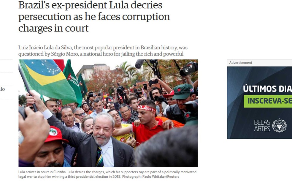 “The Guardian” relatou que o encontro reuniu o presidente mais popular da história brasileira, referindo-se a Lula, e o herói nacional que prende ricos e poderosos, referindo-se a Moro (Foto: Reprodução / The Guardian)