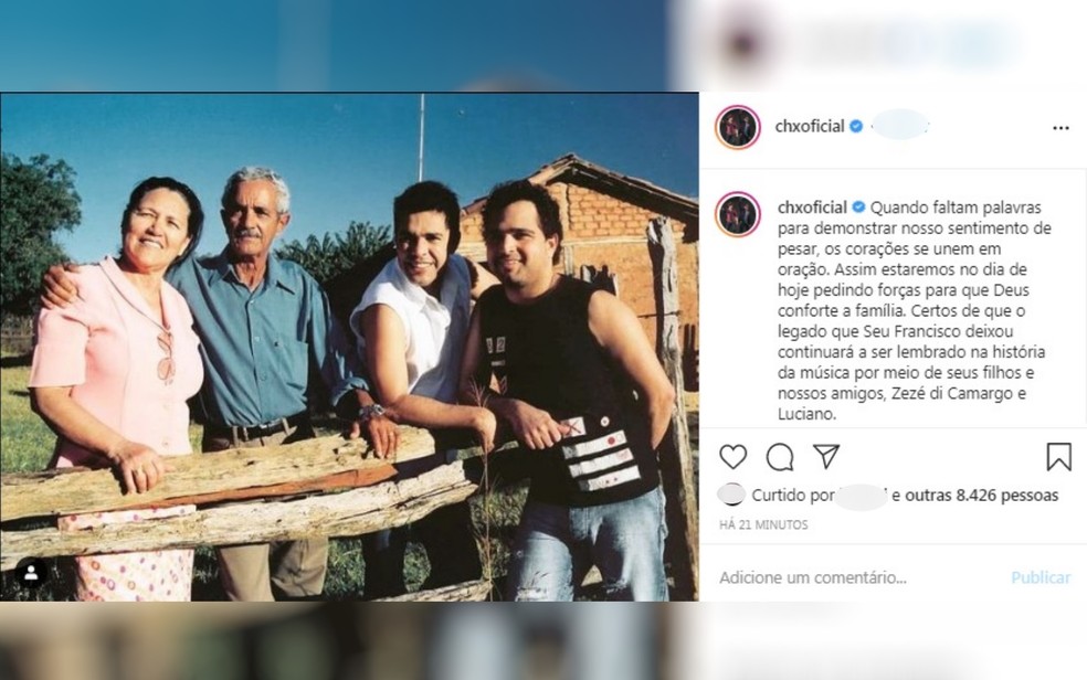 Chitãozinho e Xororó fazem homenagem a Francisco Camargo, pai de Zezé e Luciano — Foto: Reprodução/Instagram