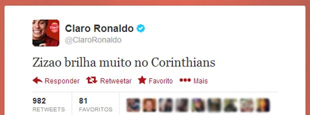 Ronaldo twitter Zizao Corinthians (Foto: Reprodução / Twitter)