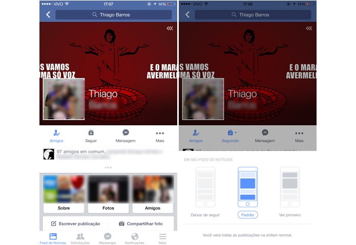 Opções de seguir ou não um perfil no Facebook para iOS (Foto: Reprodução/Aline Jesus)