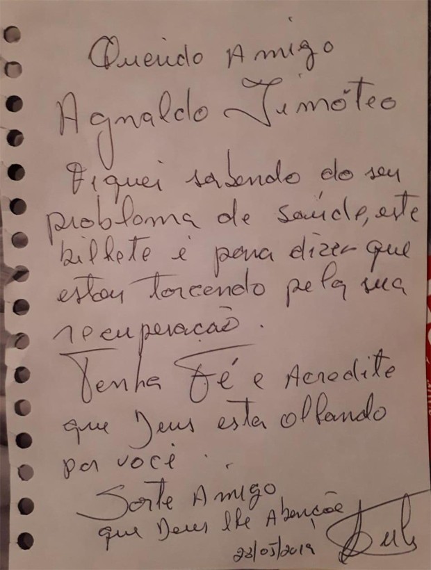Lula envia bilhete a Agnaldo Timóteo (Foto: Reprodução/Instagram) Lula envia bilhete a Agnaldo Timóteo (Foto: Reprodução/Instagram)