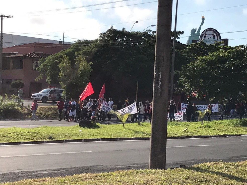 Após liberarem a rodovia, manifestantes seguiram pela Nações Unidas em Bauru (Foto: Giuliano Tamura/ TV TEM )