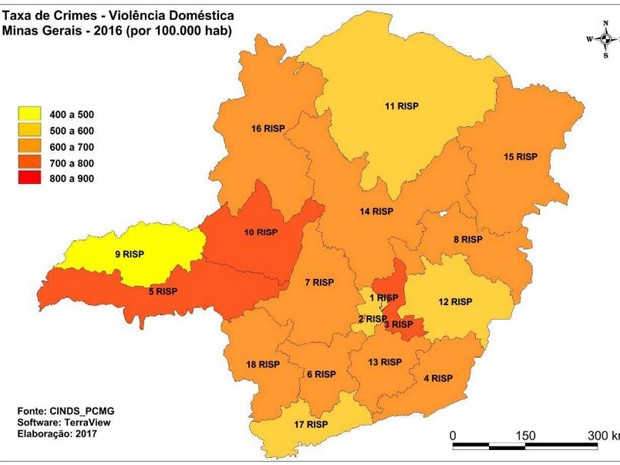 Mapa mostra o cenário de violência contra a mulher em Minas Gerais; a região Sul está identificada pelas Regiões Integradas de Segurança Pública (Risp) 8, 17 e 18, centralizadas, respectivamente, em Lavras, Pouso Alegre e Poços de Caldas (Foto: Reprodução/Sedese)
