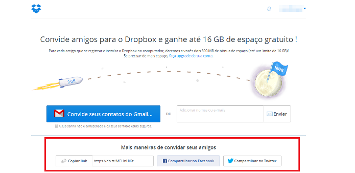 Compartilhe o serviço do Dropbox nas redes sociais ou envie um link sobre ele para os amigos (Foto: Reprodução/Lívia Dâmaso)