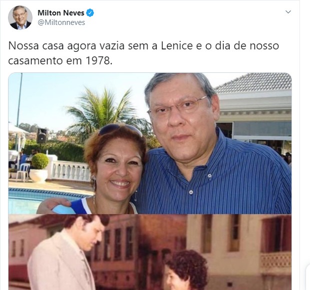 Milton Neves lamenta a morte da mulher, Lenice Chame Magnoni Neves, vítima de câncer (Foto: Reprodução/Twitter)