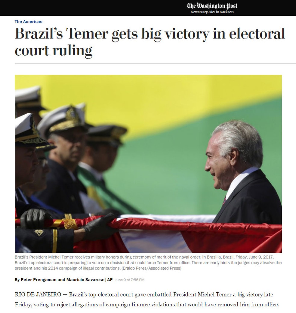 'Washington Post' repercute a não cassação da chapa Dilma-Temer pelo TSE: 'Temer leva grande vitória em decisão de corte eleitoral' (Foto: Reprodução/ Washington Post)